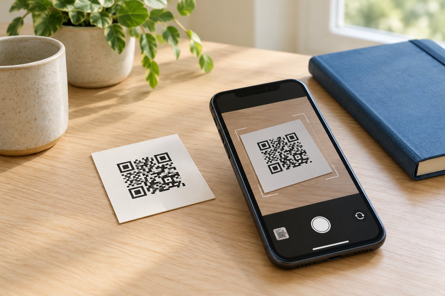 Nyomtatott kártya szemléltető QR-kóddal, telefon mellett