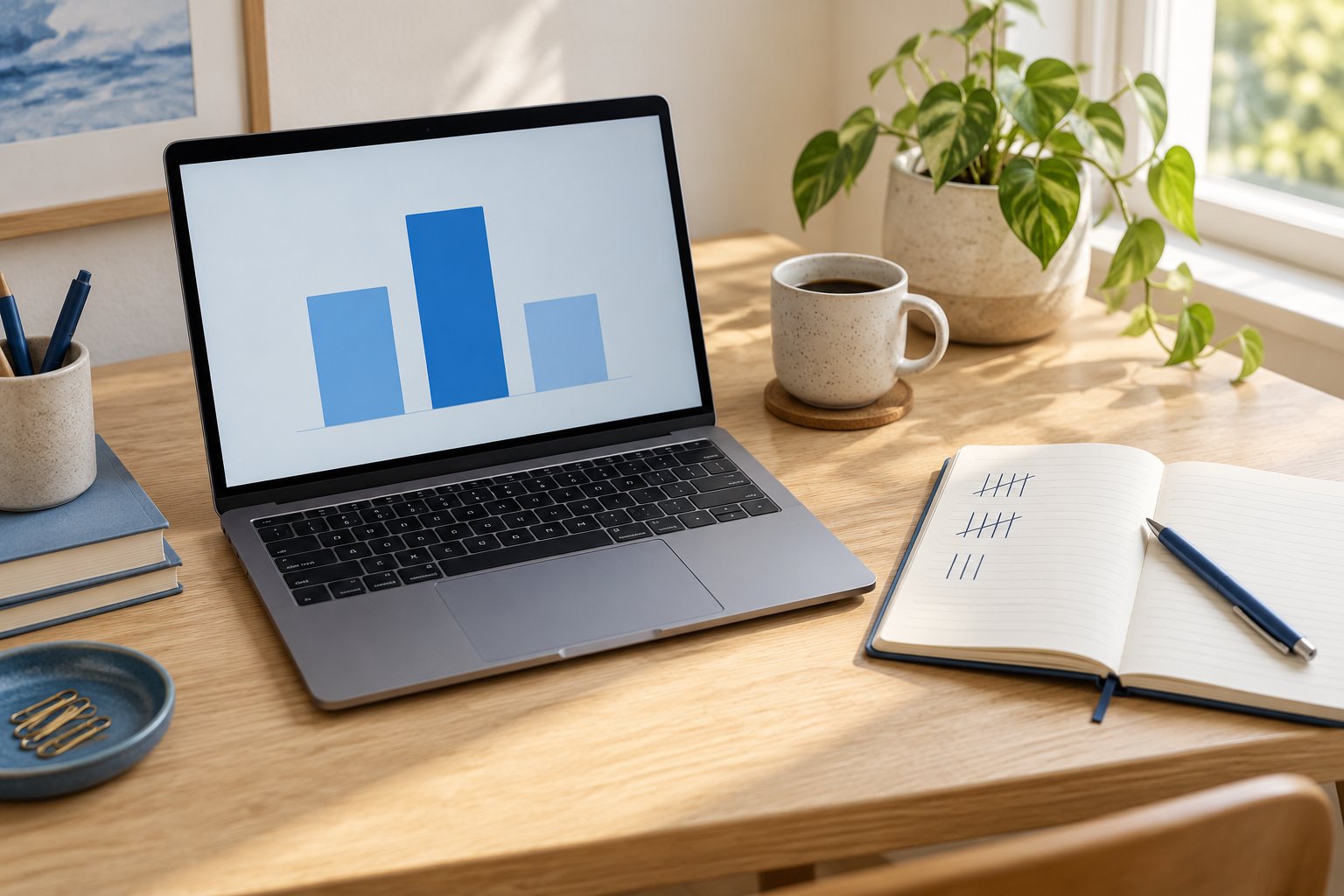Laptop egy szemléltető diagrammal, és jegyzetfüzet az ellenőrző megnyitásokhoz