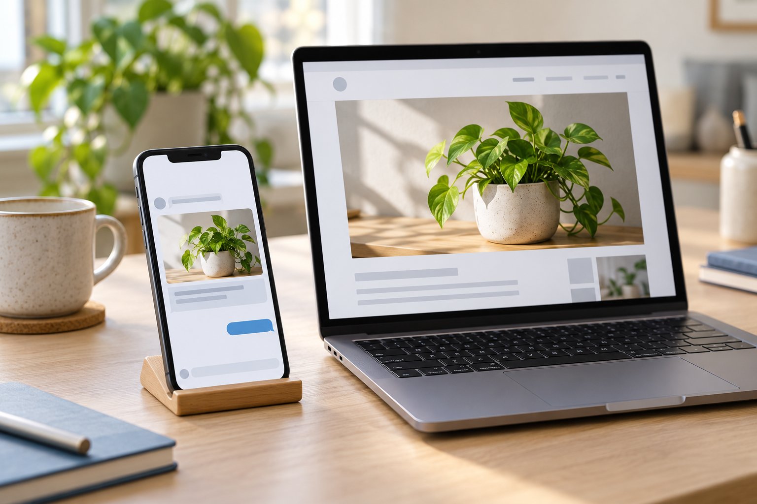 Ett kort med en växt i chatten på telefonen och motsvarande sida på en laptop