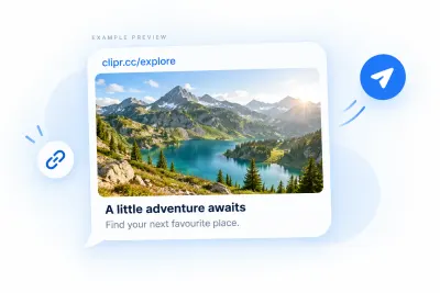 Example of a Clipr link preview in a chat, with a mountain lake photo, title and description.