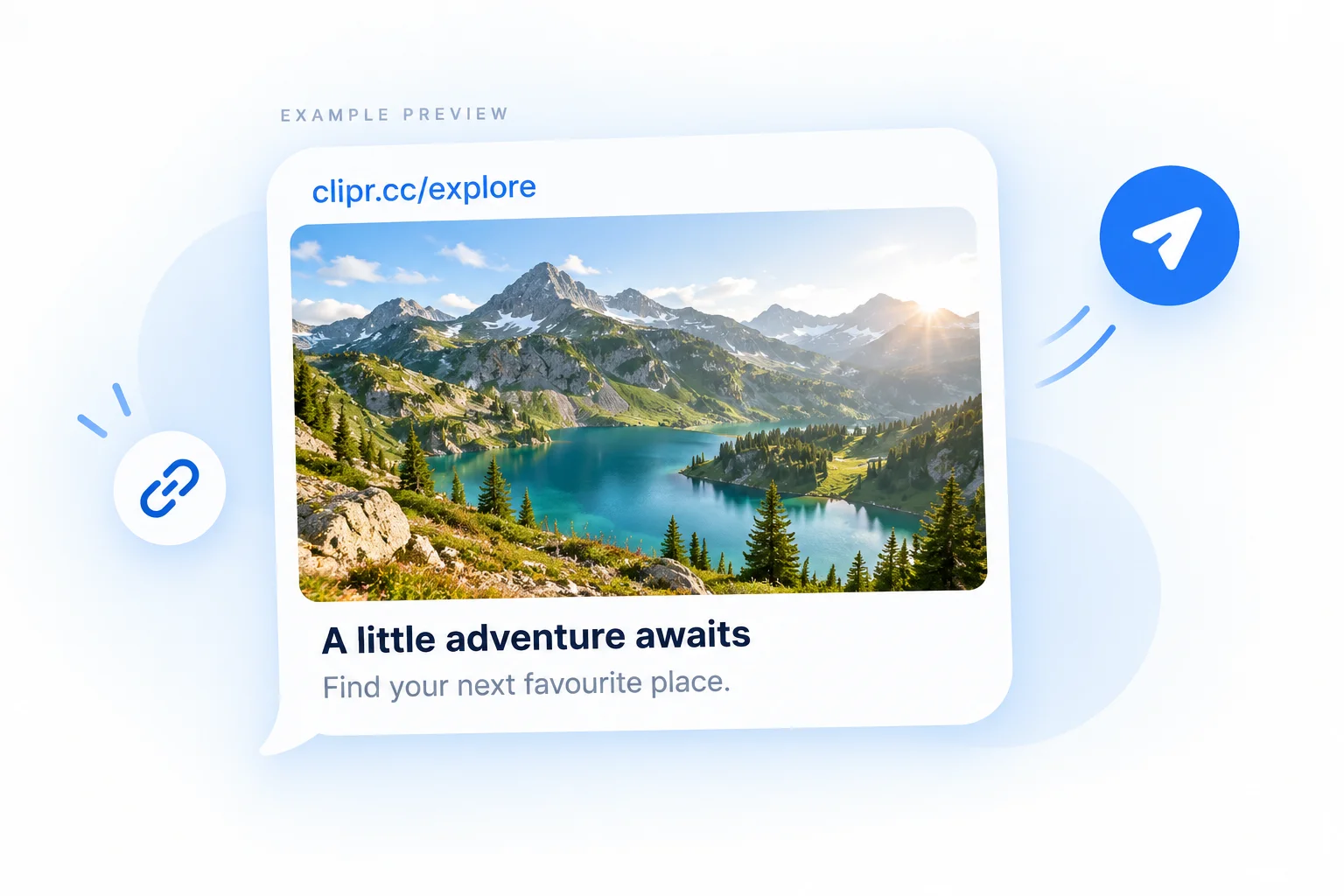 Example of a Clipr link preview in a chat, with a mountain lake photo, title and description.